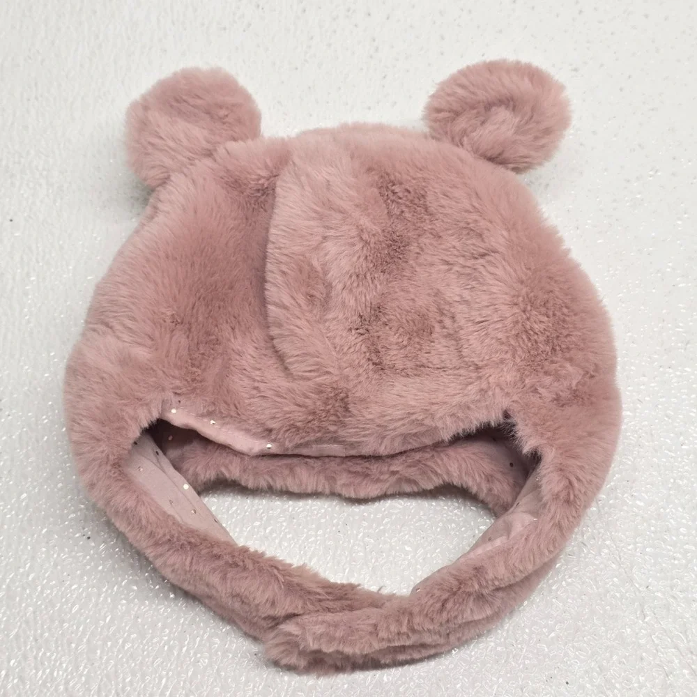 Zara Cozy Chic Toddler Girls Cotton Lined Baby Pink Soft Fluffy Bear Ears Hat
